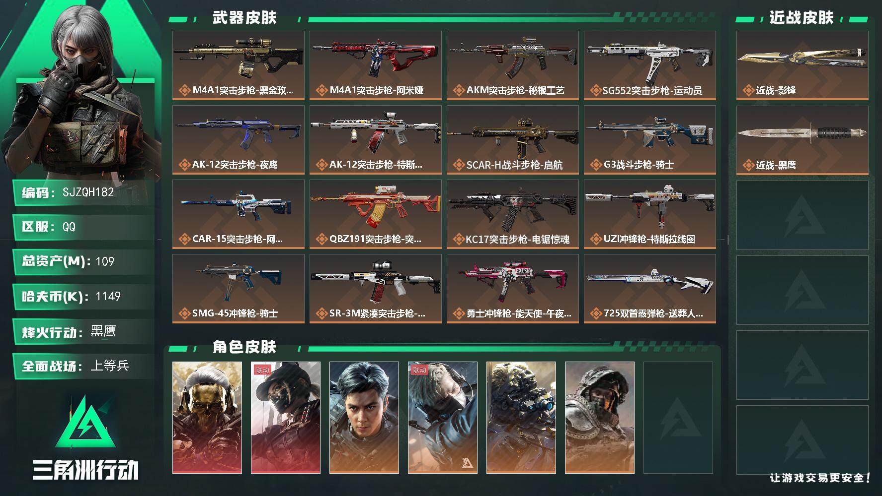三角洲行动账号QQ【SJZQH182】总资产(M)：109M/哈夫币(K)：1149K/哈夫币(K)：1149K/全面
