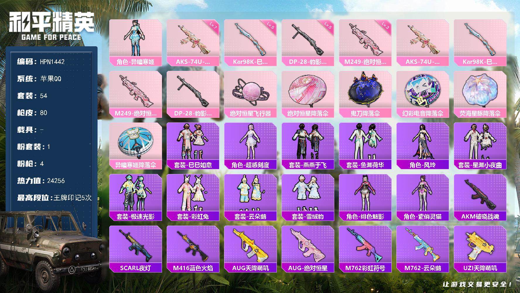 和平精英账号苹果QQ【N1442】54套装/枪械4/装备107/战备64/王牌印记5/热力值24256/七级AKS-74