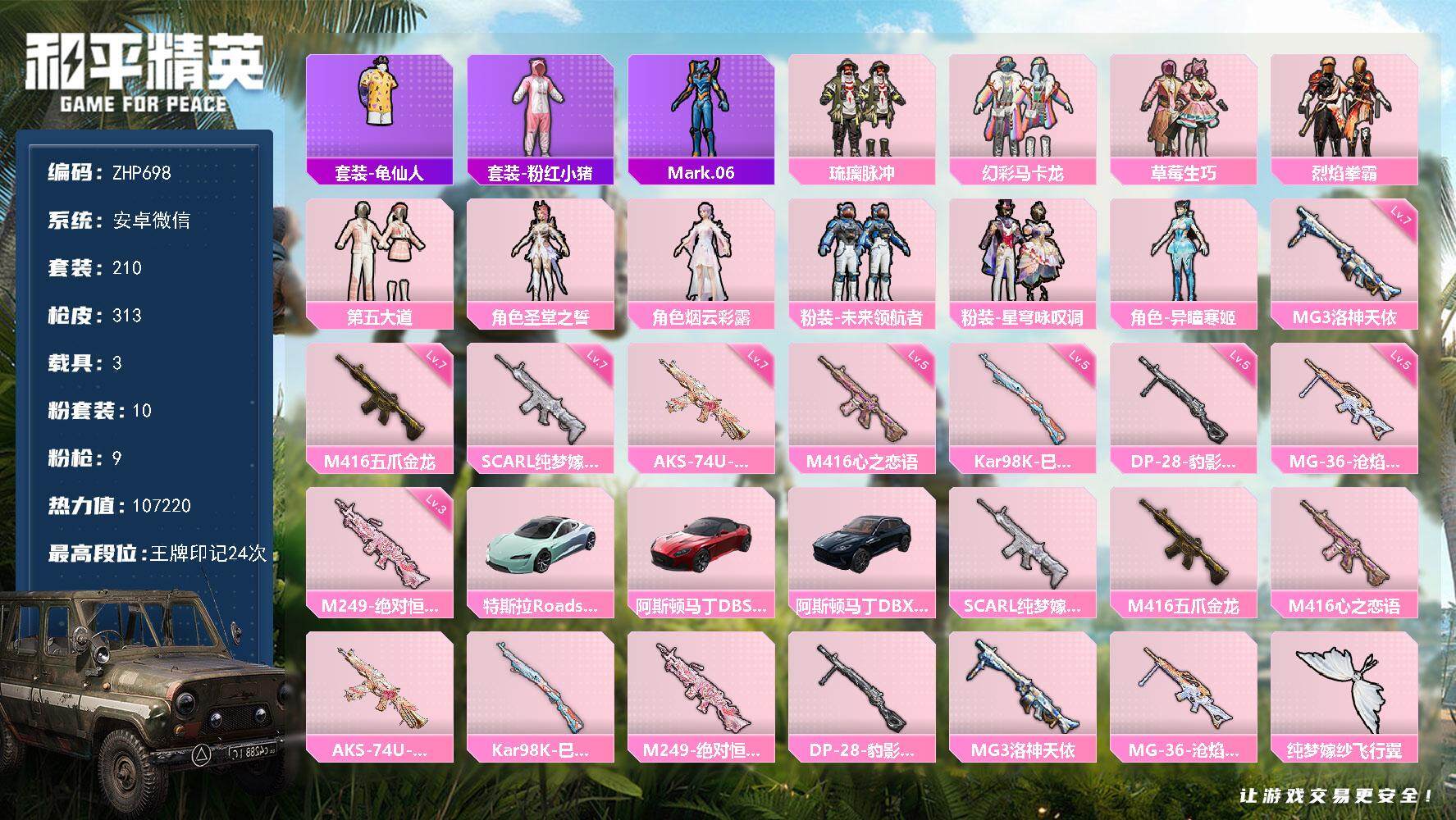 和平精英账号安卓微信素材身法号/绝世印记3/地铁满天赋 安卓 微信-10粉装-9特效枪-3载具-4粉色飞行器-10.7w热力值-24王牌印记-210套装-313枪皮【热门品类】：套装-龟仙人，套装-粉红小猪，角色-Ma