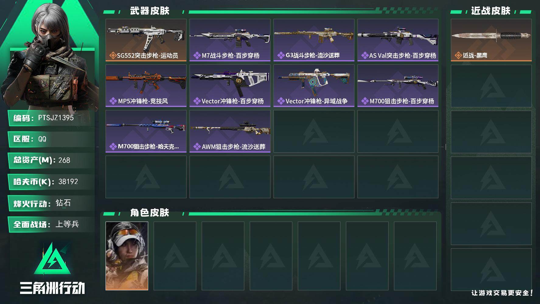 三角洲行动账号QQ【PTSJZ1395】【最新上架】总资产258.6  部门32332    268m总资产-3819