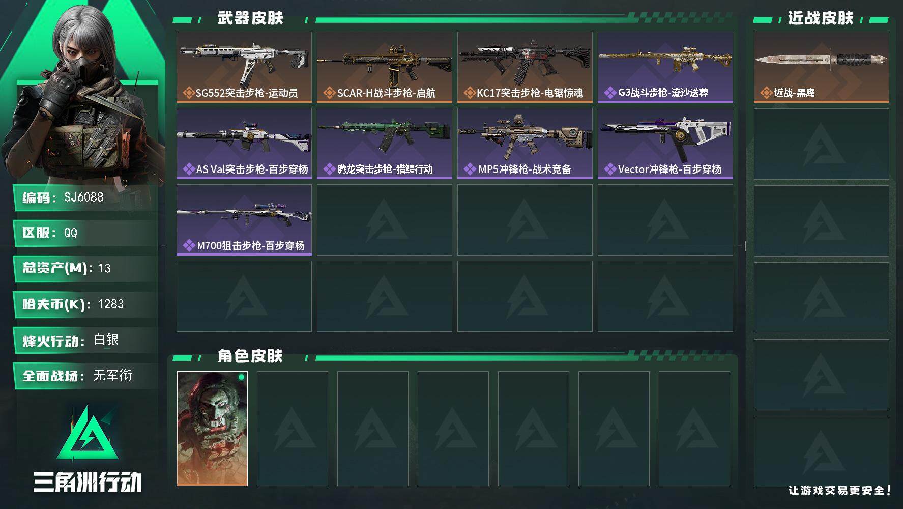 三角洲行动账号QQ【SJ6088】总资产(M)：13M/哈夫币(K)：1283K/哈夫币(K)：1283K/传说枪皮数：3/全面战场等级：1_段位：无段位/烽火地带等级：60_段位：白银/红狼-电锯惊魂/近战-黑鹰/