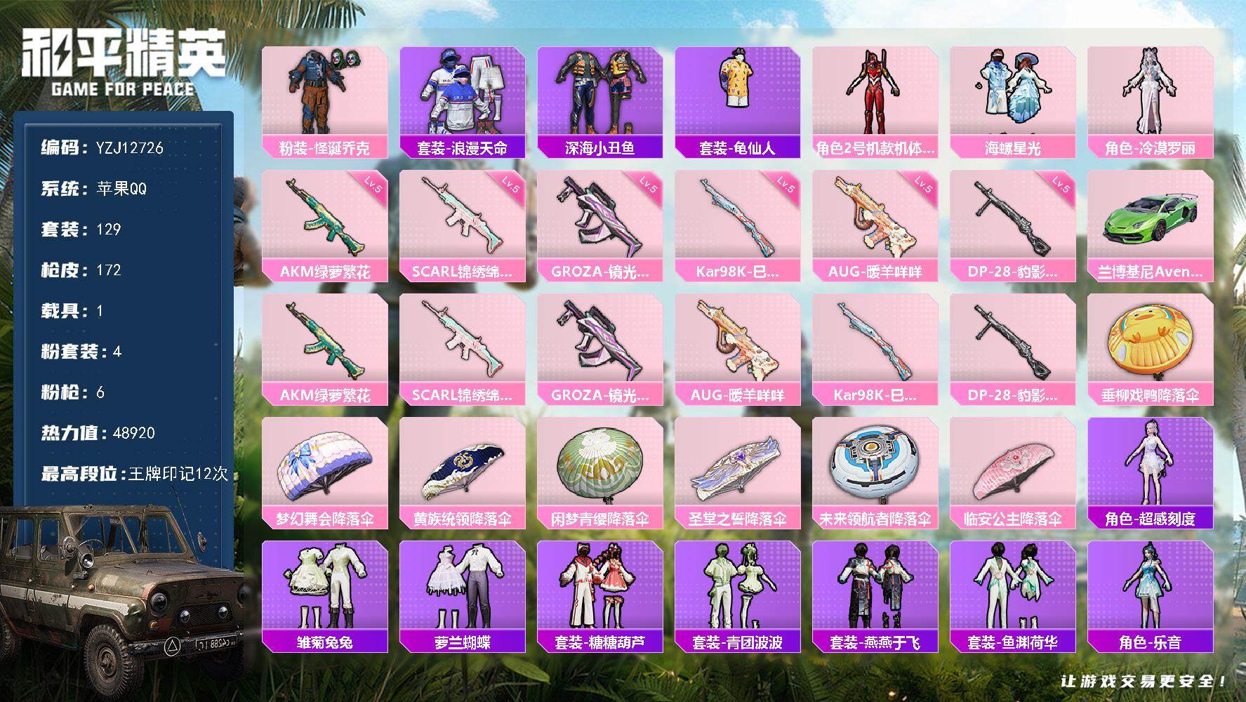和平精英账号苹果QQ1载具-129套装-172枪皮-可二次 苹果Q-【精氪身法号 绿兰博 小丑[怪诞] 红螳螂 深海小丑