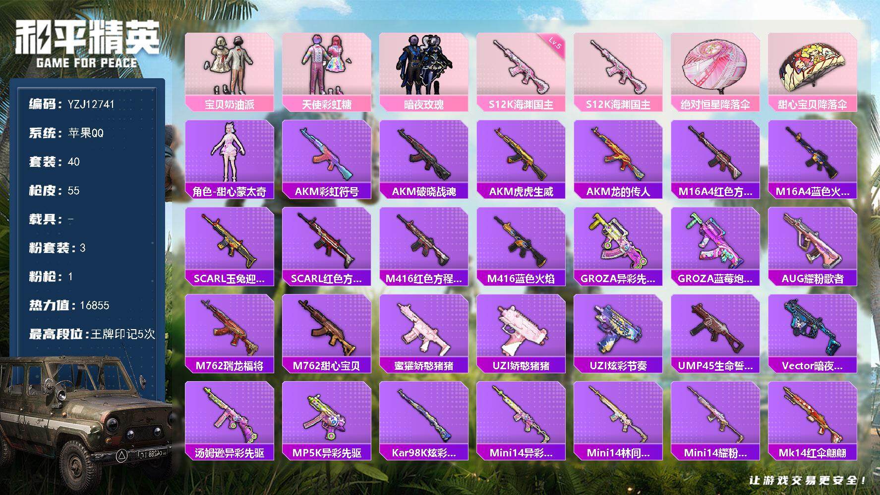 和平精英账号苹果QQ0载具-40套装-55枪皮-YZJ12741-可二次-苹果Q-3粉装1特效枪7热门40套装54枪皮 