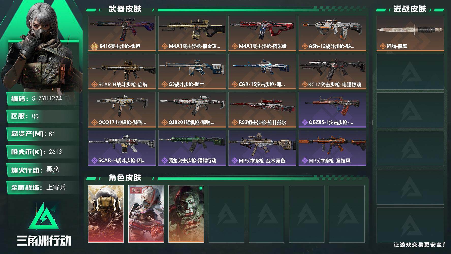 三角洲行动账号QQ【SJZYH1224】总资产(M)：81M/哈夫币(K)：2613K/哈夫币(K)：2613K/全面战场等级：19_段位：上等兵/烽火地带等级：60_段位：黑鹰/红狼-蚀金玫瑰/骇爪-维什戴尔/红狼