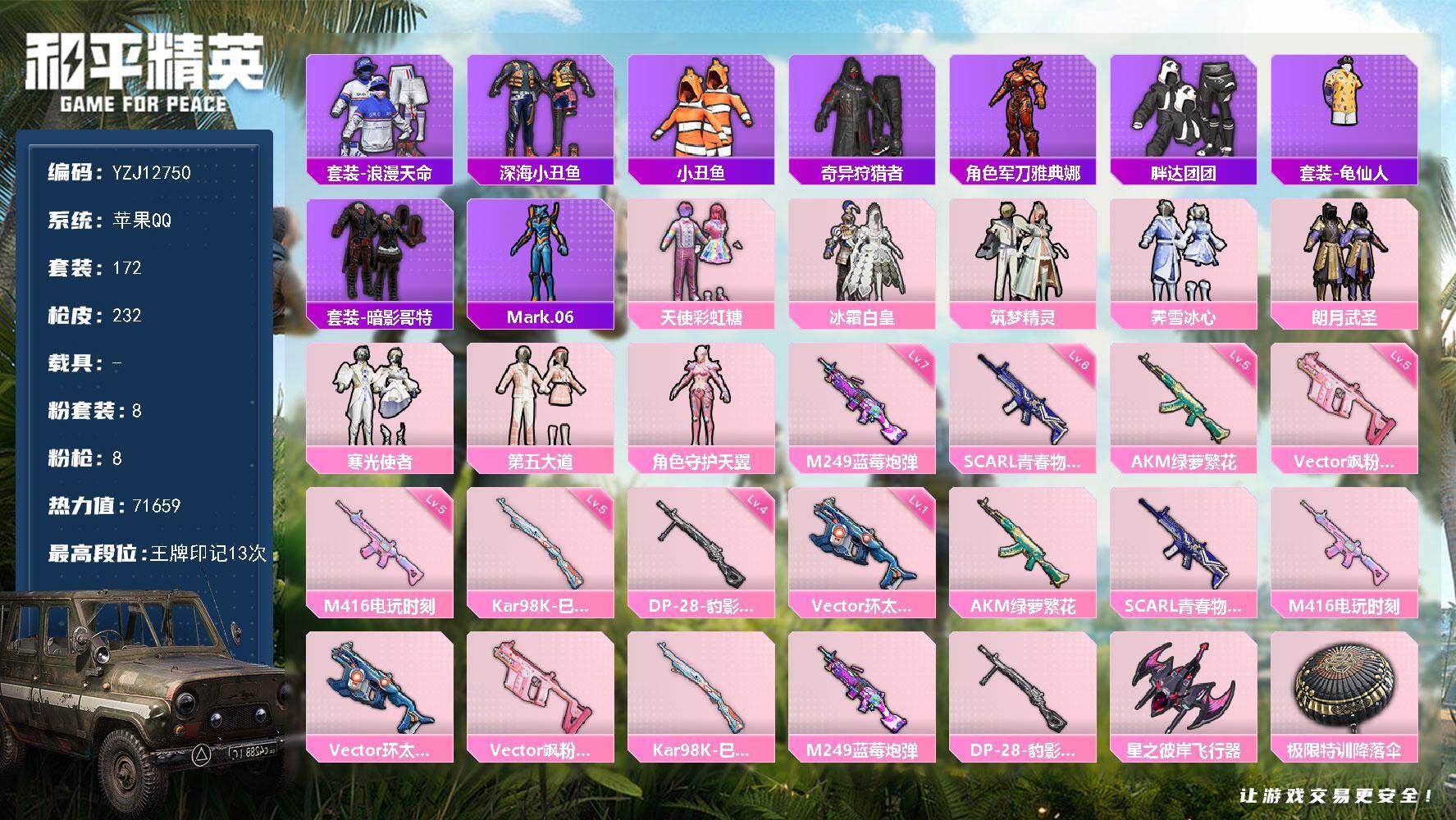 和平精英账号苹果QQYZJ12750 可二次 苹果Q-2稀有8粉装8特效枪26热门 极品小号 83荣耀勋章 m4电玩满级