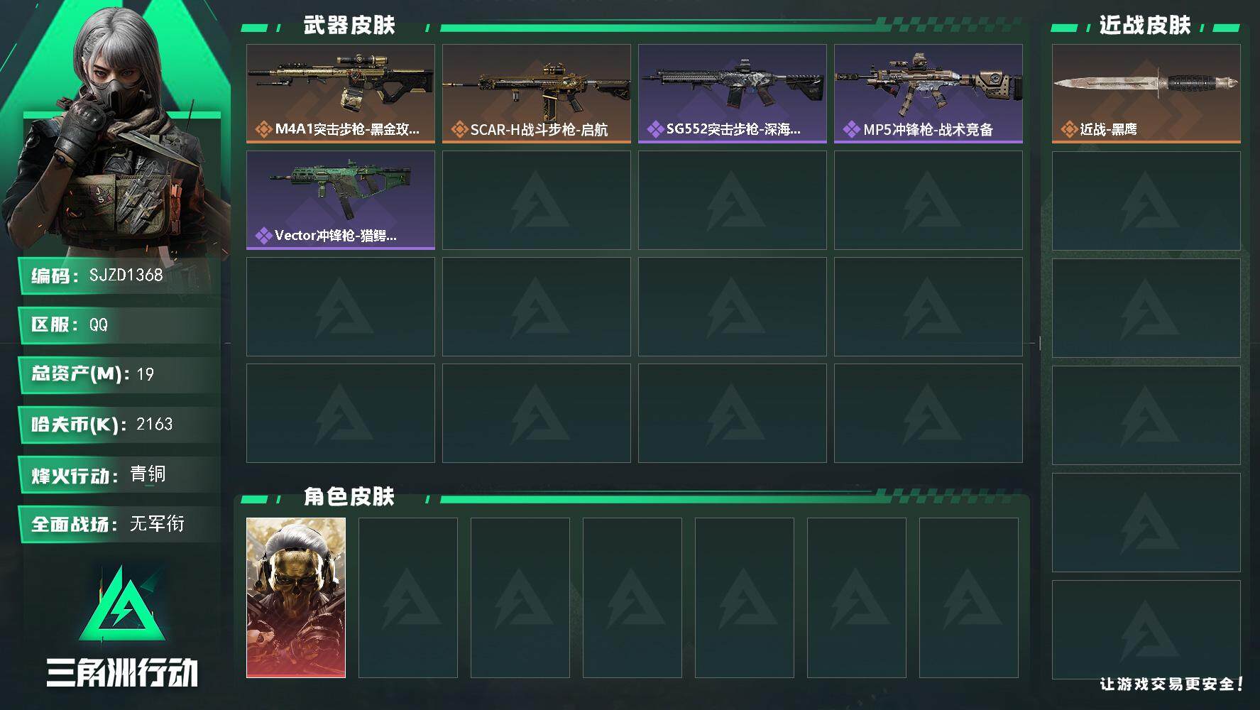 三角洲行动账号QQ【SJZD1368】总资产(M)：19M/哈夫币(K)：2163K/哈夫币(K)：2163K/传说枪皮数：2/全面战场等级：1_段位：无段位/烽火地带等级：30_段位：青铜/红狼-蚀金玫瑰/近战-黑