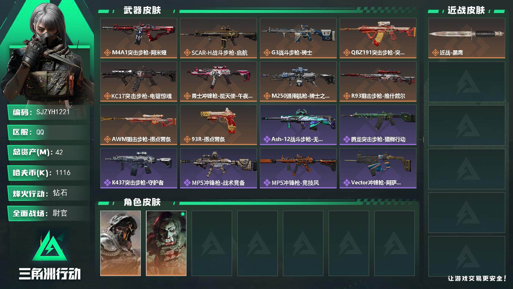 三角洲行动账号QQ【SJZYH1221】总资产(M)：42M/哈夫币(K)：1116K/哈夫币(K)：1116K/全面