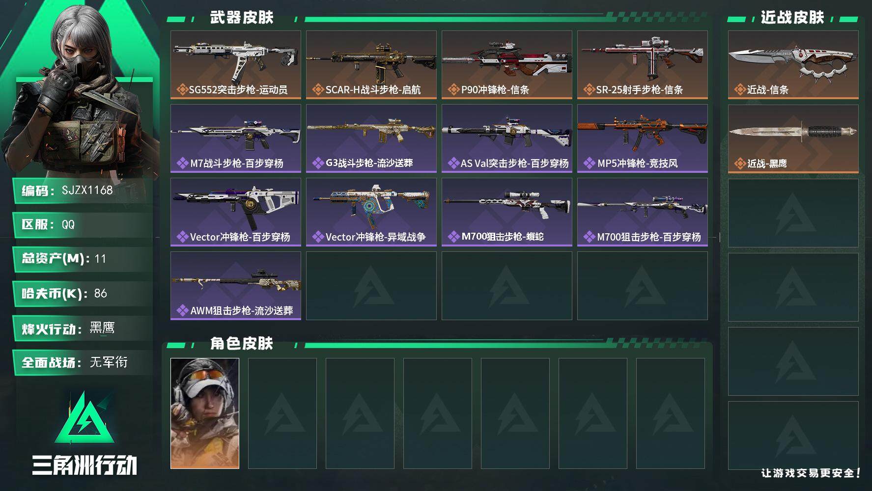三角洲行动账号QQ【SJZX1168】总资产(M)：11M/哈夫币(K)：86K/哈夫币(K)：86K/全面战场等级：