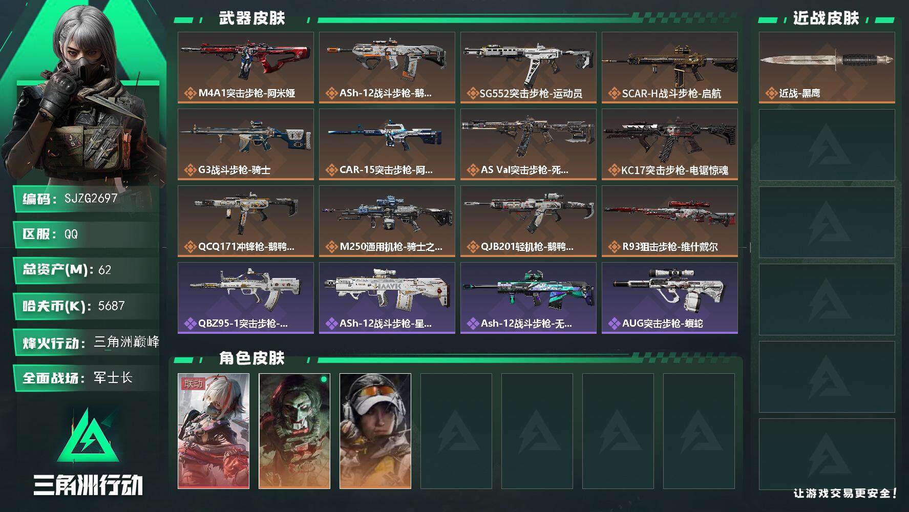 三角洲行动账号QQ【SJZG2697】总资产(M)：62M/哈夫币(K)：5687K/哈夫币(K)：5687K/传说枪