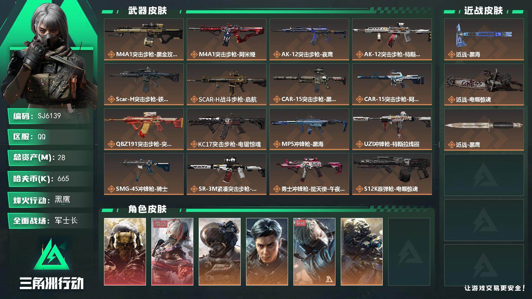 三角洲行动账号QQ【SJ6139】总资产(M)：28M/哈夫币(K)：665K/哈夫币(K)：665K/传说枪皮数：2