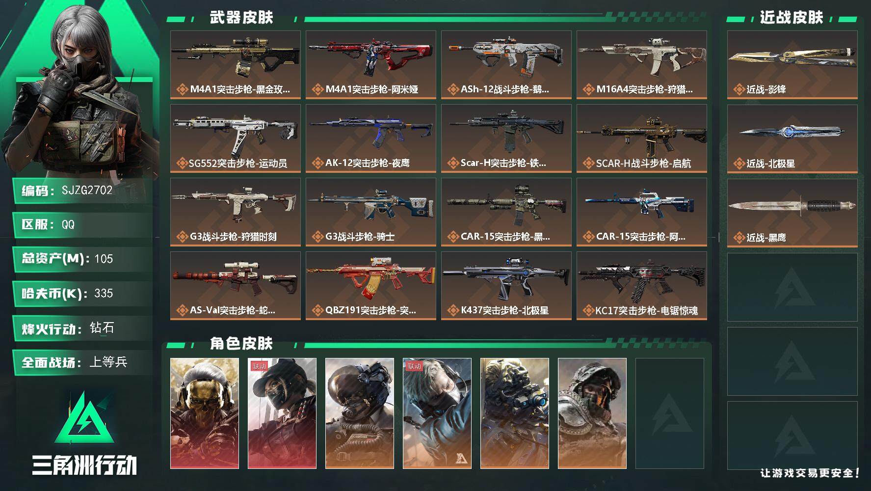三角洲行动账号QQ【SJZG2702】总资产(M)：105M/哈夫币(K)：335K/哈夫币(K)：335K/全面战场