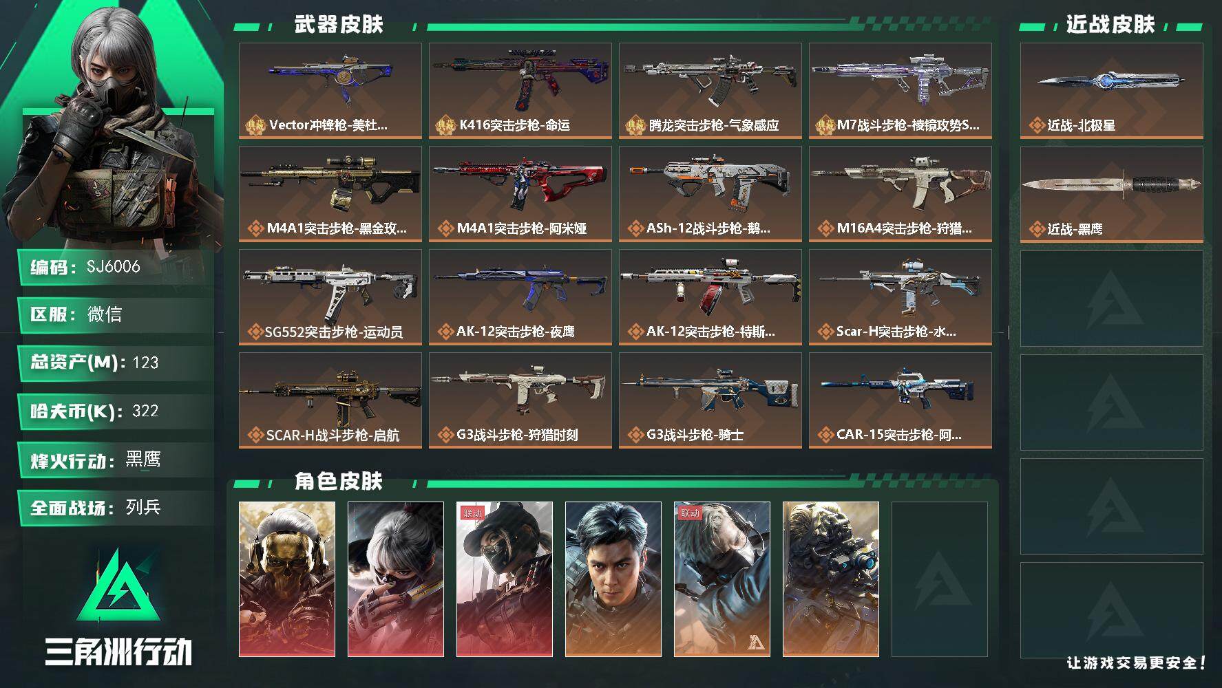 三角洲行动账号VX【SJ6006】总资产(M)：123M/哈夫币(K)：322K/哈夫币(K)：322K/传说枪皮数：32/全面战场等级：10_段位：列兵/烽火地带等级：60_段位：黑鹰/红狼-蚀金玫瑰/骇爪-水墨云