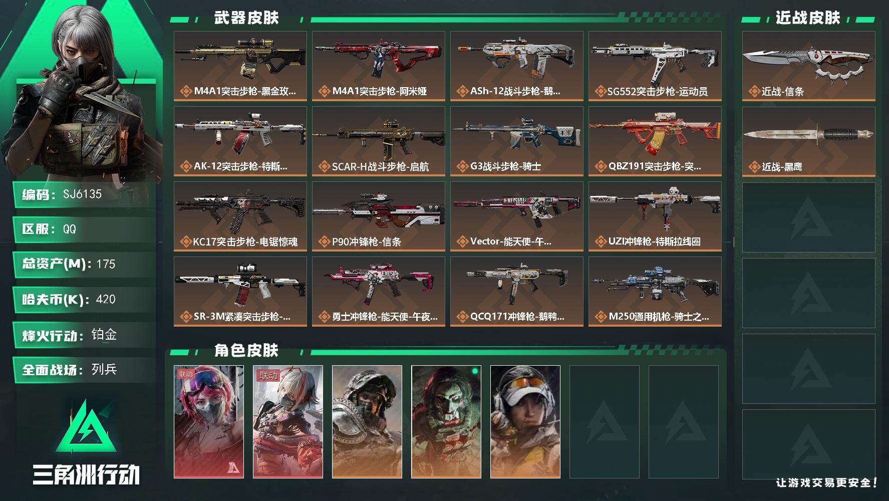 三角洲行动账号QQ【SJ6135】总资产(M)：175M/哈夫币(K)：420K/哈夫币(K)：420K/全面战场等级：10_段位：列兵/烽火地带等级：60_段位：铂金/蛊-能天使午夜邮差/骇爪-维什戴尔/深蓝-不破