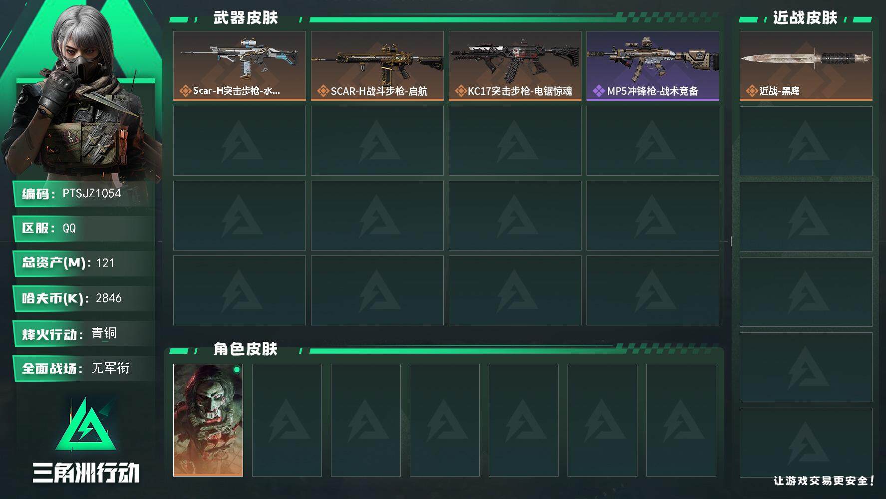 三角洲行动账号QQ【PTSJZ1054】【限时秒杀】2846k哈伏币-98m流动资产-56烽火等级-青铜-1战场等级-