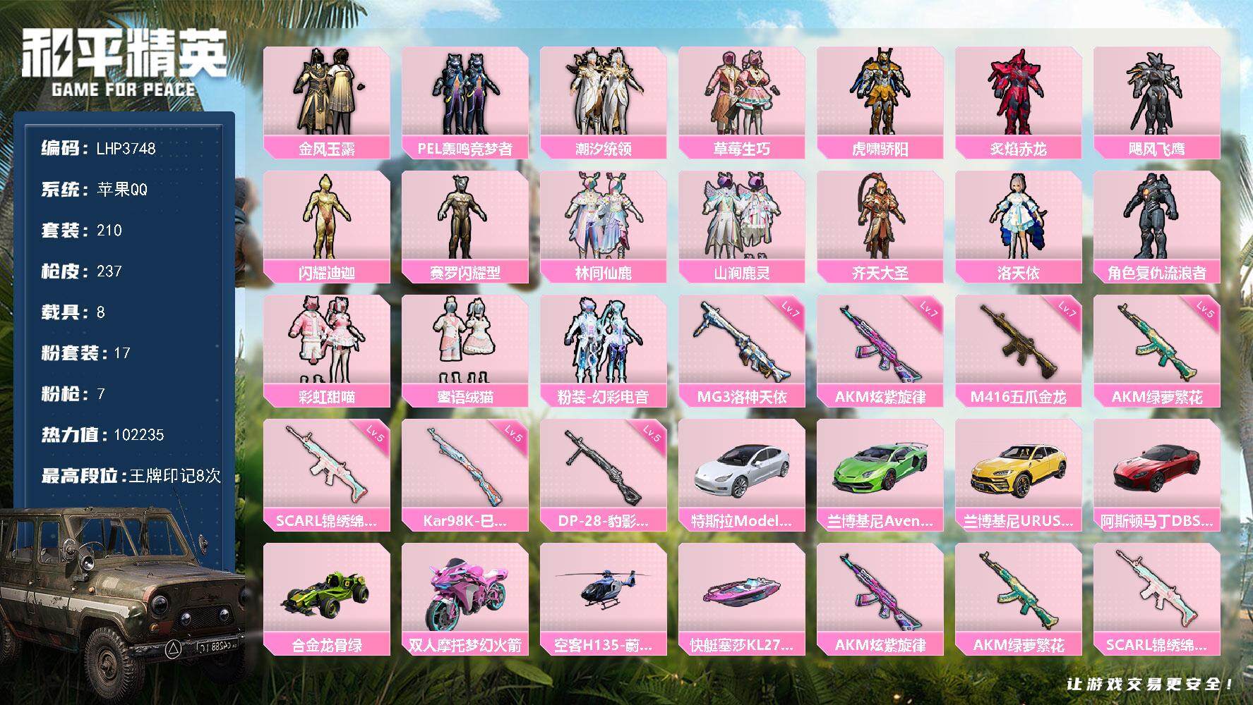 和平精英账号苹果QQ暑期末清货/特价急出/永久包赔/扭蛋碎片662【金迪迦/洛天依】：苹果 手Q-17粉装-7特效枪-8载具-10.2w热力值-8印记-210套装-237枪皮【稀有载具】：特斯拉Model 3（珍珠白）