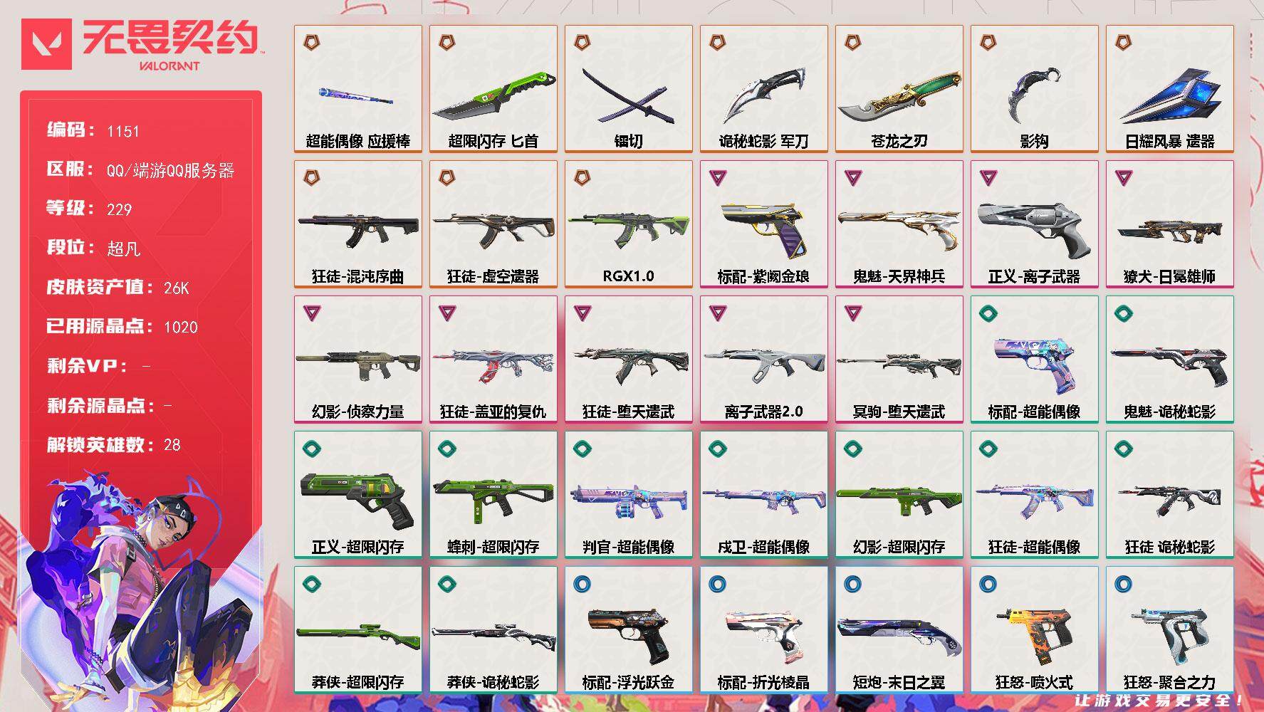 无畏契约账号QQ[14926884]【英雄】：幻棱，炼狱，维斯，暮蝶，钛狐，壹决，铁臂，捷风，雷兹，幽影，不死鸟，贤者，猎枭，蝰蛇，零，芮娜，奇乐，尚勃勒，霓虹，斯凯，夜露，星礈，K/O，海神，盖可，黑梦，钢锁
【近