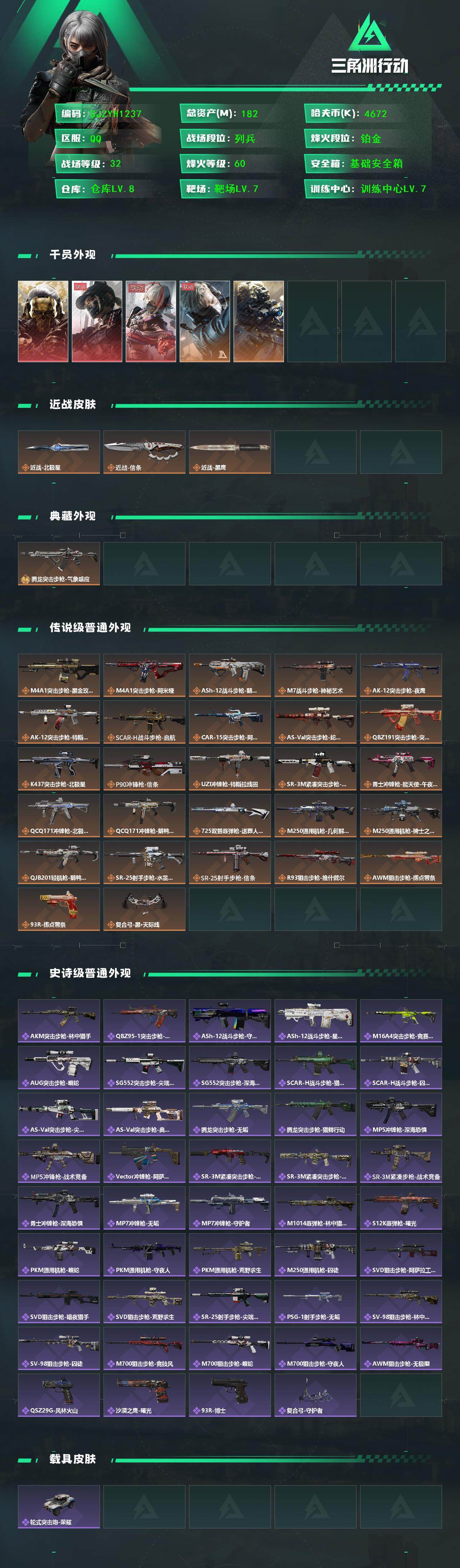 三角洲行动账号QQ【SJZYH1237】总资产(M)：182M/哈夫币(K)：4672K/哈夫币(K)：4672K/全面战场等级：32_段位：列兵/烽火地带等级：60_段位：铂金/红狼-蚀金玫瑰/露娜-黑·天际线/骇