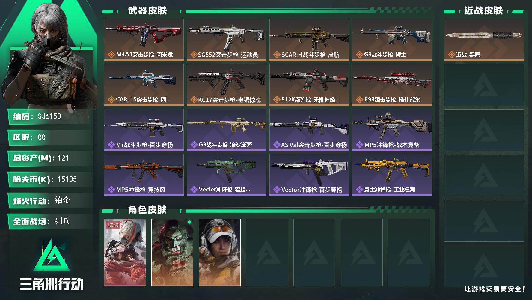 三角洲行动账号QQ【SJ6150】总资产(M)：121M/哈夫币(K)：15105K/哈夫币(K)：15105K/传说