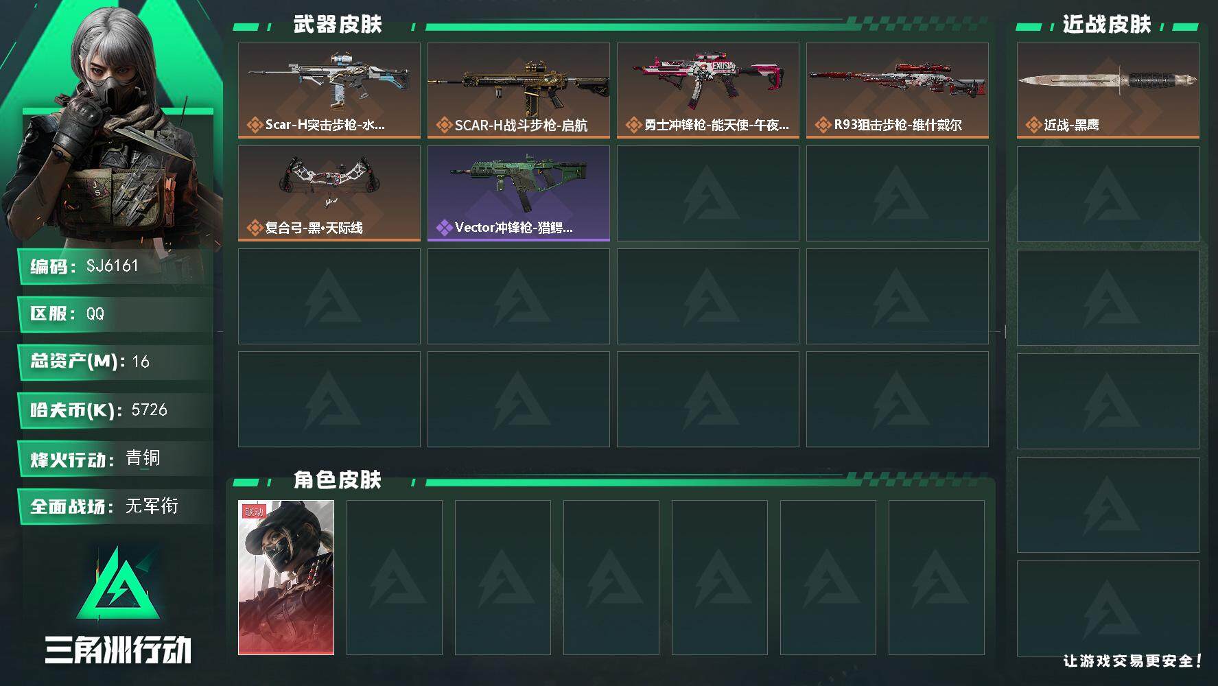 三角洲行动账号QQ【SJ6161】总资产(M)：16M/哈夫币(K)：5726K/哈夫币(K)：5726K/全面战场等