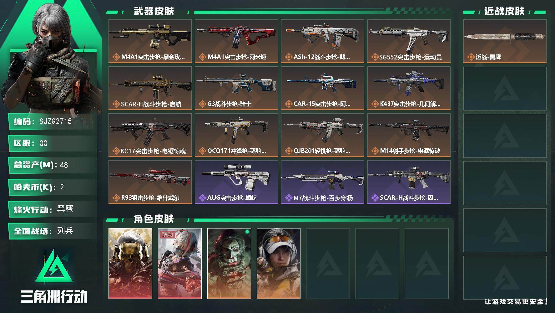 三角洲行动账号QQ【SJZG2715】总资产(M)：48M/哈夫币(K)：2K/哈夫币(K)：2K/全面战场等级：24_段位：列兵/烽火地带等级：60_段位：黑鹰/红狼-蚀金玫瑰/骇爪-维什戴尔/红狼-电锯惊魂/露娜