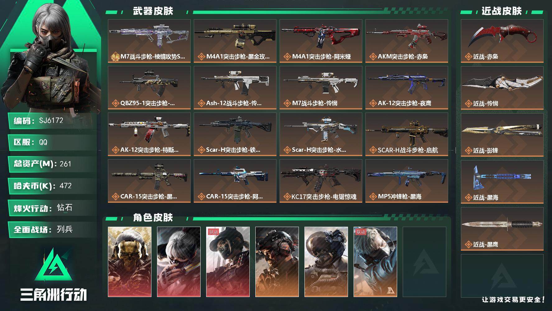 三角洲行动账号QQ【SJ6172】总资产(M)：261M/哈夫币(K)：472K/哈夫币(K)：472K/传说枪皮数：