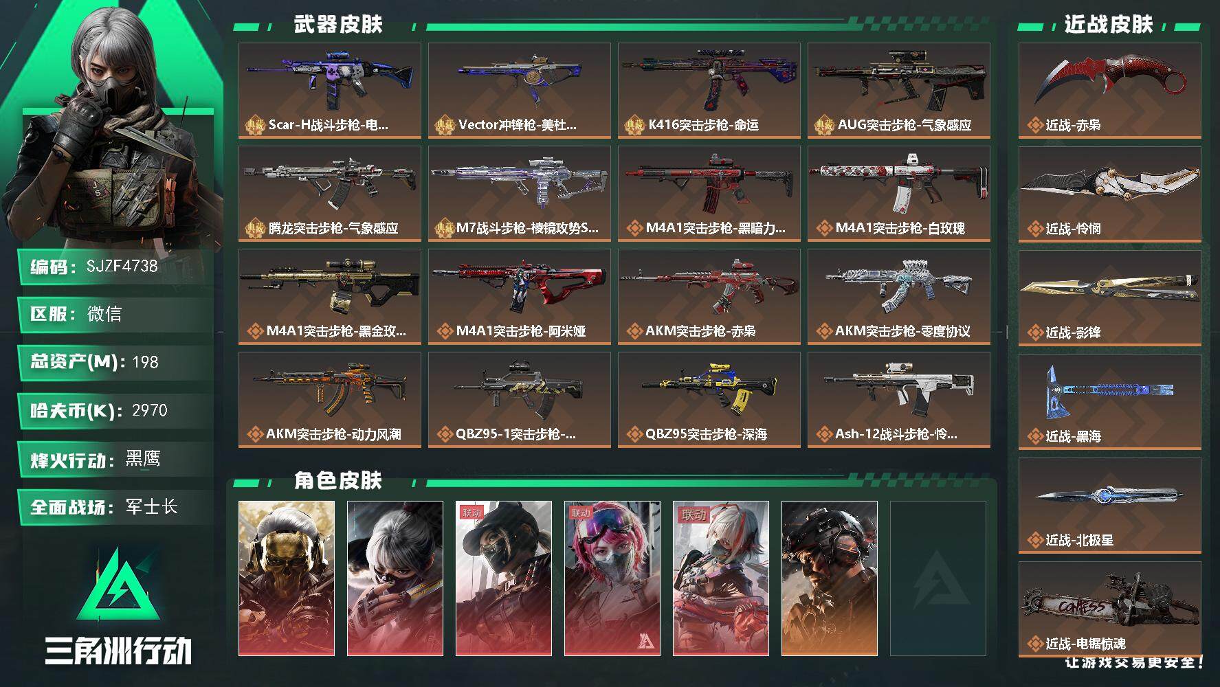 三角洲行动账号VX【SJZF4738】总资产(M)：198M/哈夫币(K)：2970K/哈夫币(K)：2970K/全面战场等级：40_段位：军士长/烽火地带等级：60_段位：黑鹰/红狼-蚀金玫瑰/骇爪-水墨云图/露娜