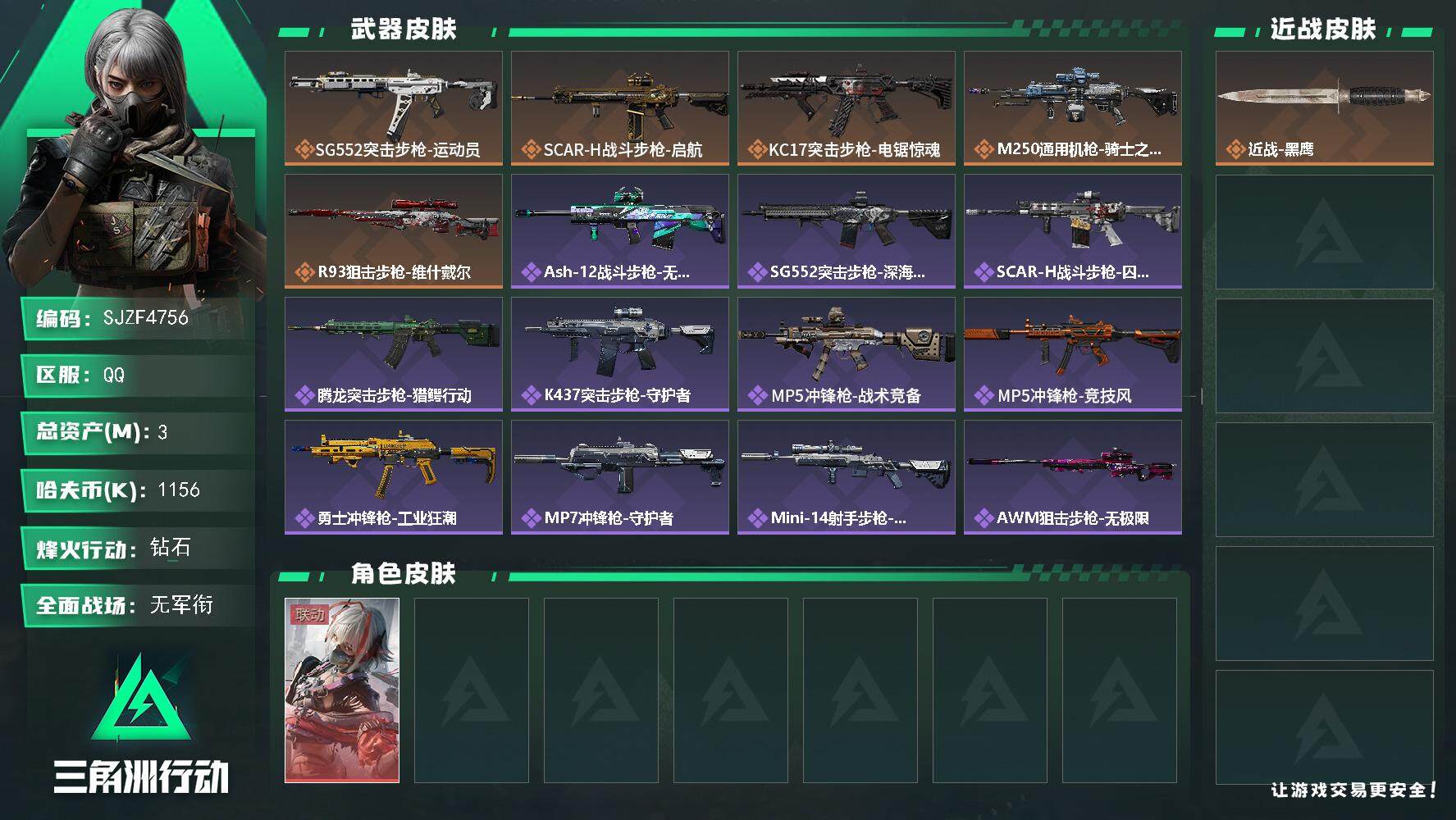 三角洲行动账号QQ【SJZF4756】总资产(M)：3M/哈夫币(K)：1156K/哈夫币(K)：1156K/全面战场等级：1_段位：无段位/烽火地带等级：47_段位：钻石/骇爪-维什戴尔/近战-黑鹰/SG552突击