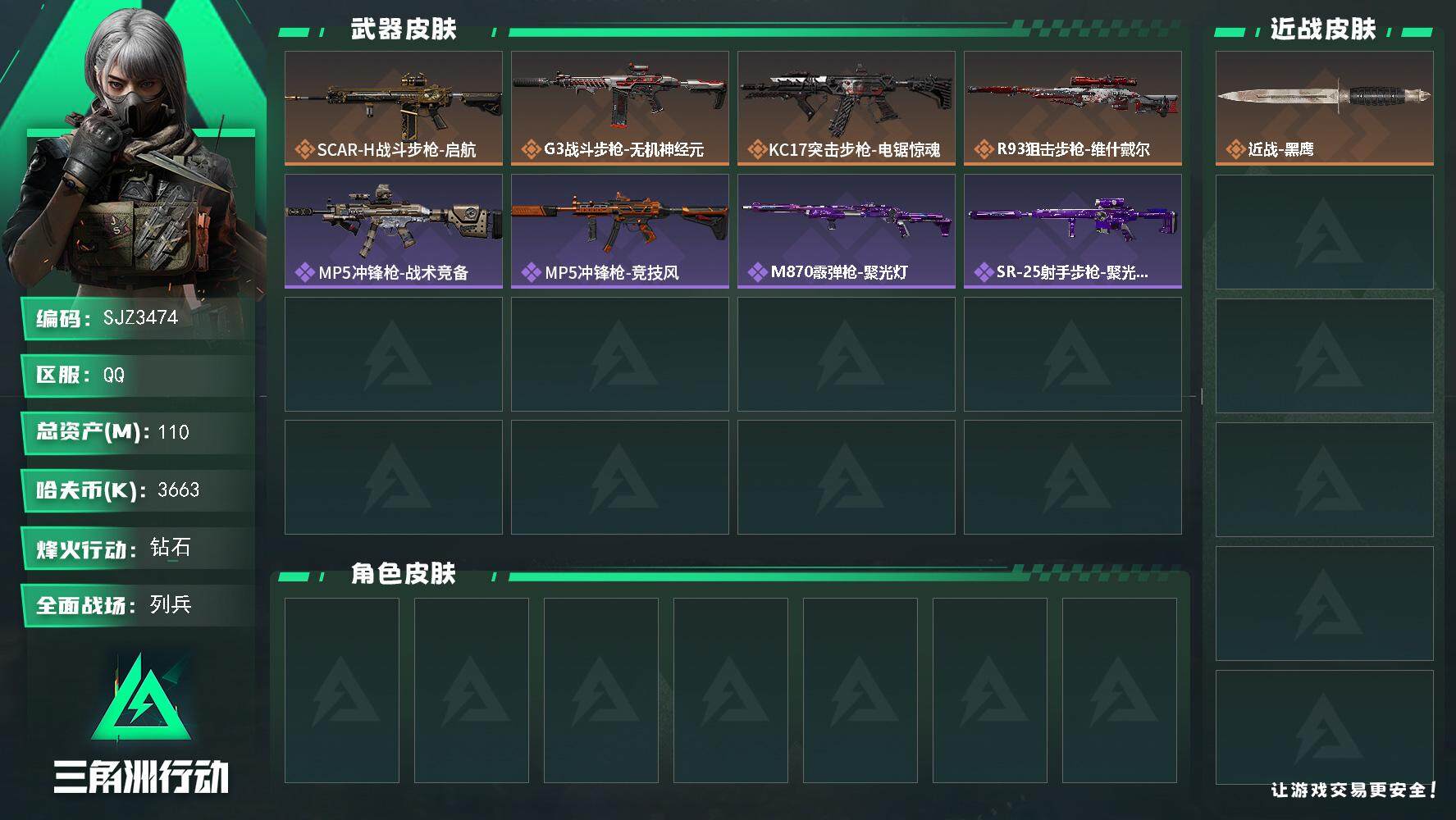 三角洲行动账号QQ【SJZ3474】总资产(M)：110M/哈夫币(K)：3663K/哈夫币(K)：3663K/全面战场等级：7_段位：列兵/烽火地带等级：60_段位：钻石/近战-黑鹰/SCAR-H战斗步枪-启航/G