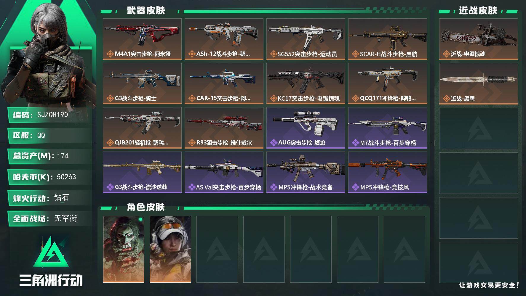 三角洲行动账号QQ【SJZQH190】总资产(M)：174M/哈夫币(K)：50263K/哈夫币(K)：50263K/全面战场等级：1_段位：无段位/烽火地带等级：60_段位：钻石/红狼-电锯惊魂/露娜-金牌射手/近