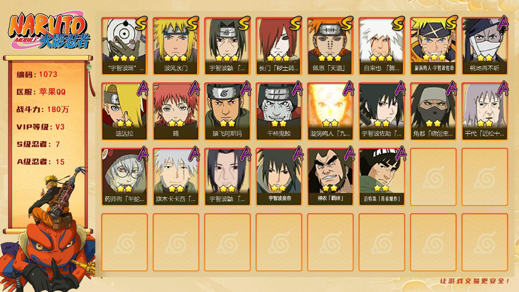 火影忍者账号苹果QQv3,180w战力，7S级忍者数-15A级忍者数，热门a忍夏日鼬。ME1940
【S级忍者】：长门「秽土转生」(3星)，宇智波鼬「须佐能乎」(3星)，自来也「舞之豪杰」(3星)，波风水门(3星)，佩