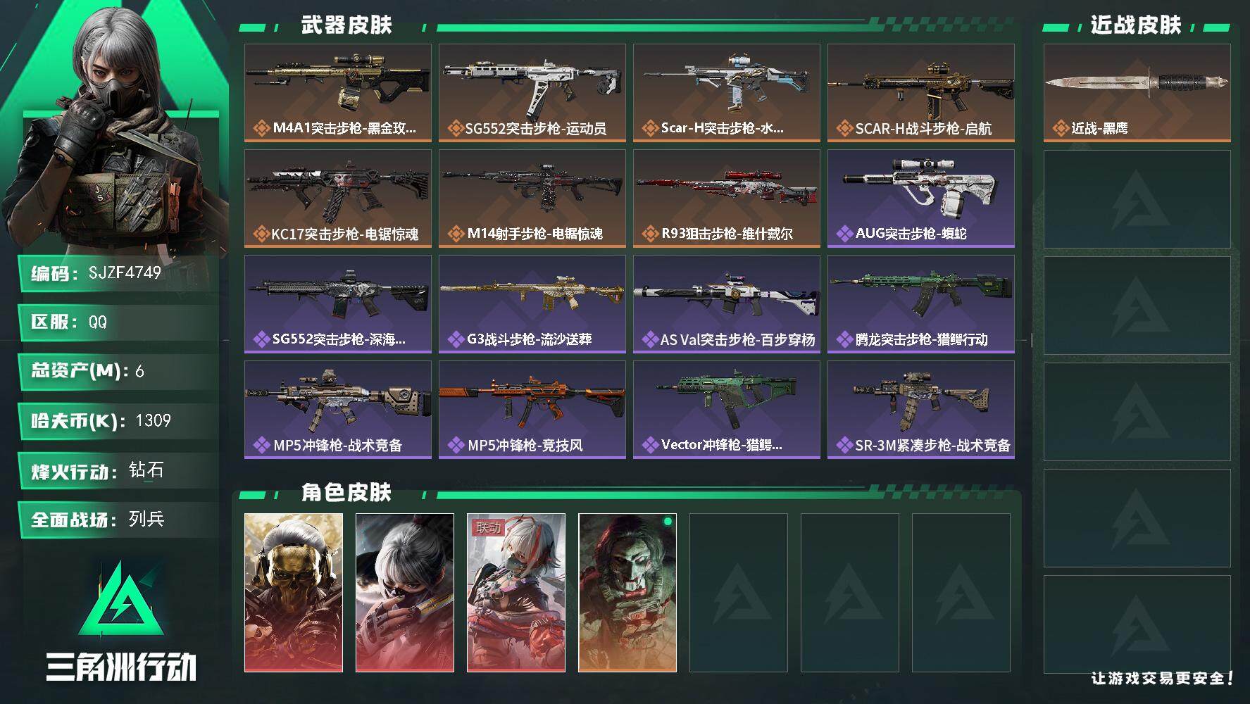 三角洲行动账号QQ【SJZF4749】总资产(M)：6M/哈夫币(K)：1309K/哈夫币(K)：1309K/全面战场