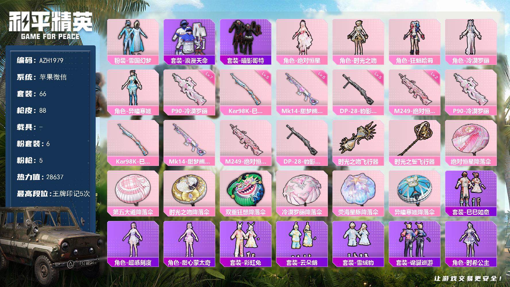 和平精英账号苹果微信【AZH1979】苹果 微信【雪国哈莉暗影哥特 满级冷漠罗丽P90】6粉装-5特效枪-0载具-3粉色