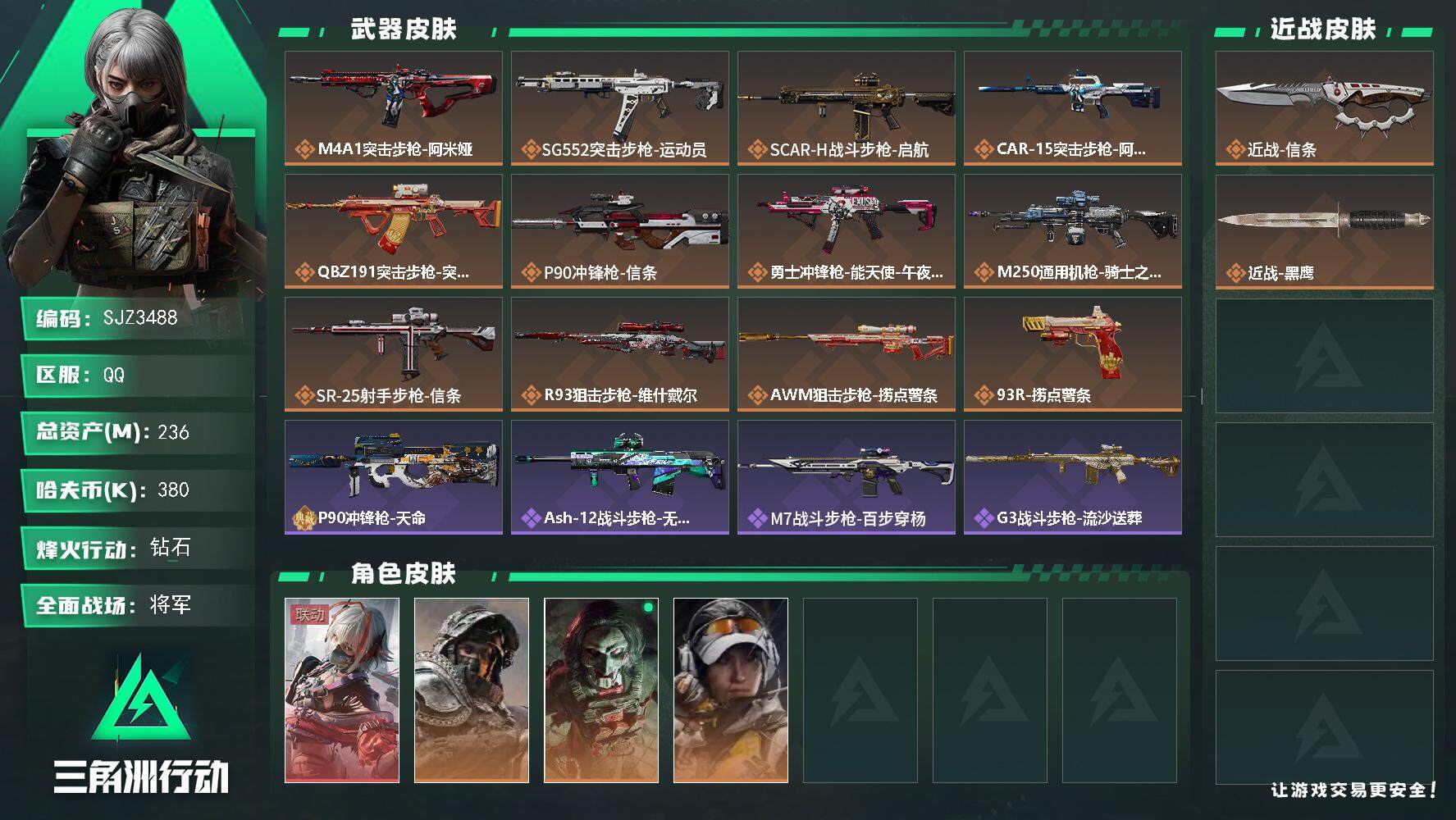 三角洲行动账号QQ【SJZ3488】总资产(M)：236M/哈夫币(K)：380K/哈夫币(K)：380K/全面战场等级：50_段位：将军/烽火地带等级：60_段位：钻石/骇爪-维什戴尔/深蓝-不破誓约/红狼-电锯惊