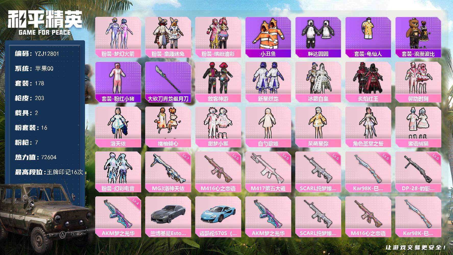和平精英账号苹果QQYZJ12801 可二次 苹果Q-2载具16粉装7特效枪19热门178套装203枪皮 72604热力