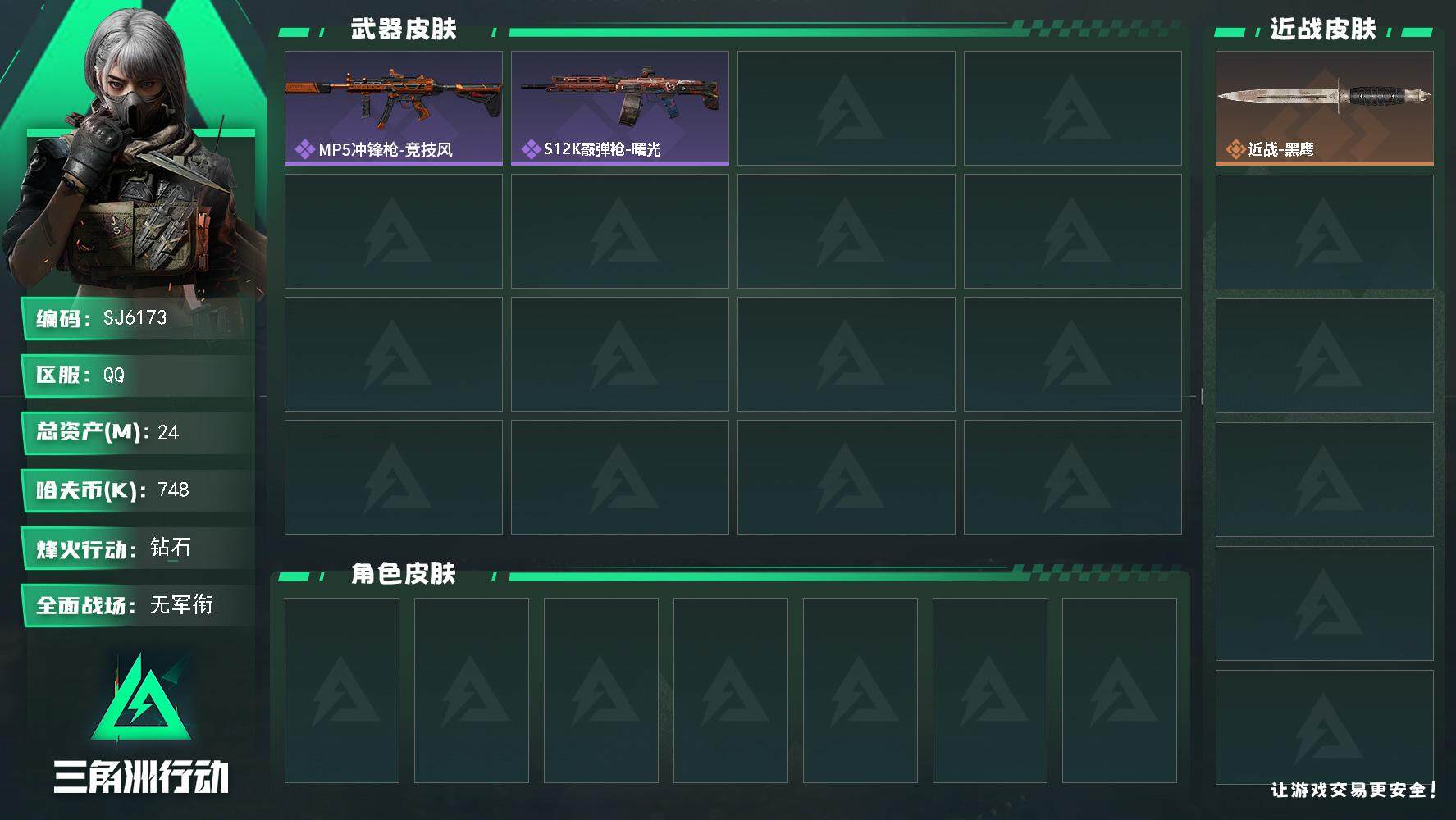 三角洲行动账号QQ【SJ6173】总资产(M)：24M/哈夫币(K)：748K/哈夫币(K)：748K/全面战场等级：1_段位：无段位/烽火地带等级：60_段位：钻石/近战-黑鹰/MP5冲锋枪-竞技风/S12K霰弹枪