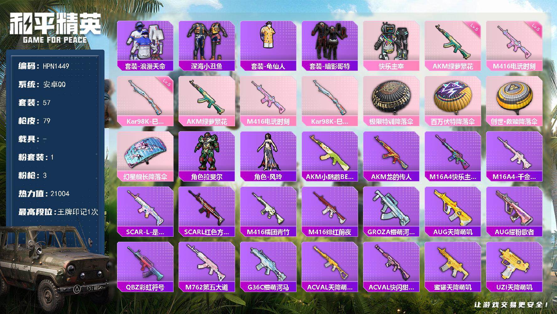 和平精英账号安卓QQ【N1449】57套装/枪械3/装备82/战备54/王牌印记1/热力值21004/五级AKM-绿萝繁