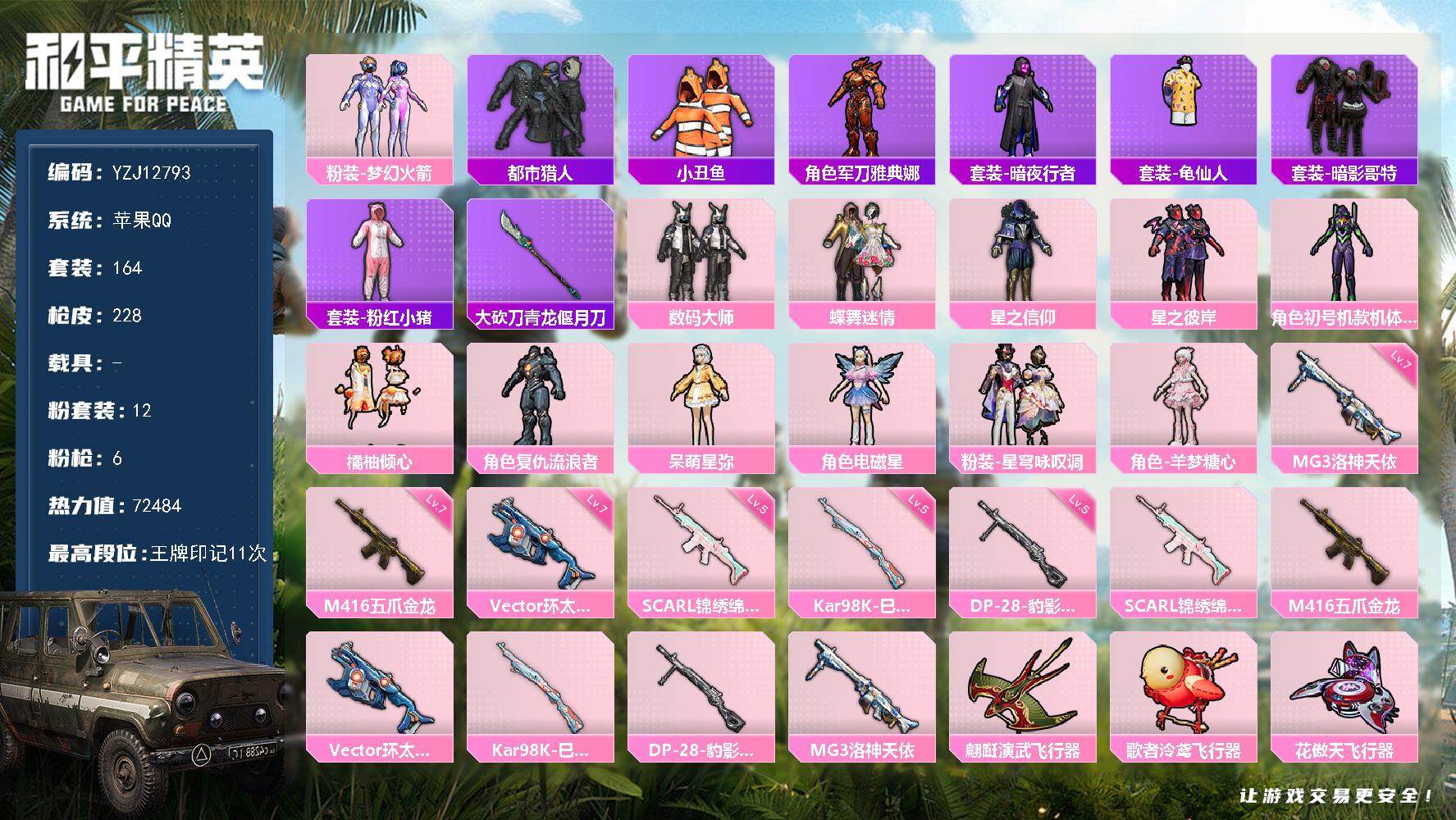 和平精英账号苹果QQYZJ12793 可二次 苹果Q-2稀有12粉装6特效枪19热门164套装228枪皮 72484热力