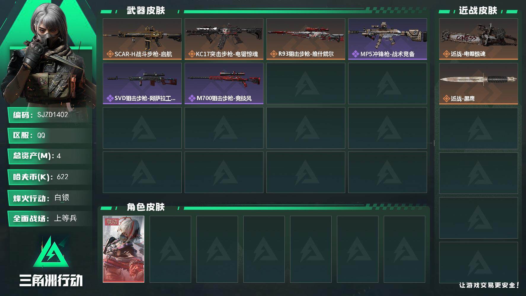 三角洲行动账号QQ【SJZD1402】总资产(M)：4M/哈夫币(K)：622K/哈夫币(K)：622K/全面战场等级