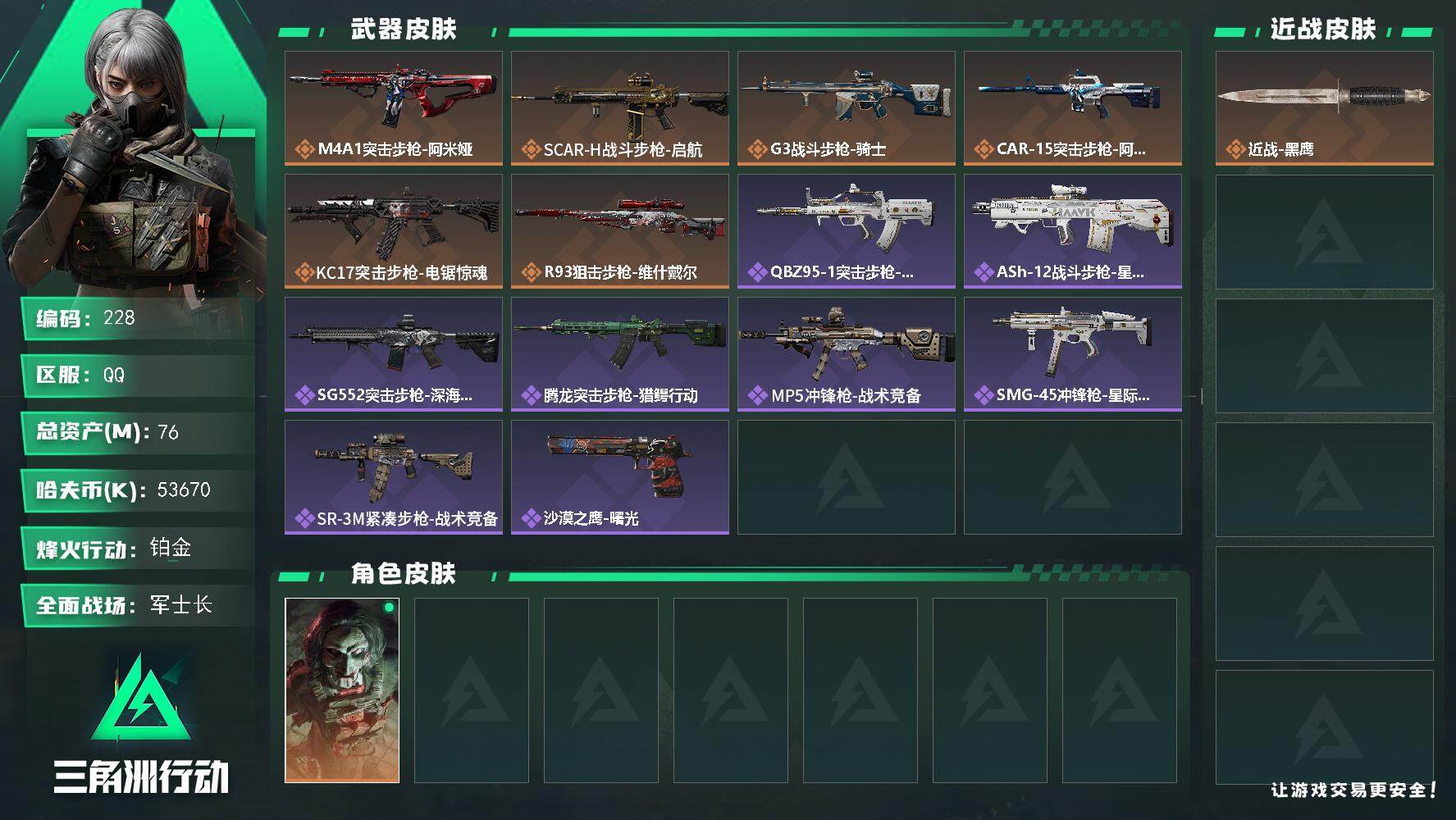 三角洲行动账号QQ76m总资产-53670k哈伏币-49烽火等级-铂金-26战场等级-军士长
【干员外观】：红狼-电锯