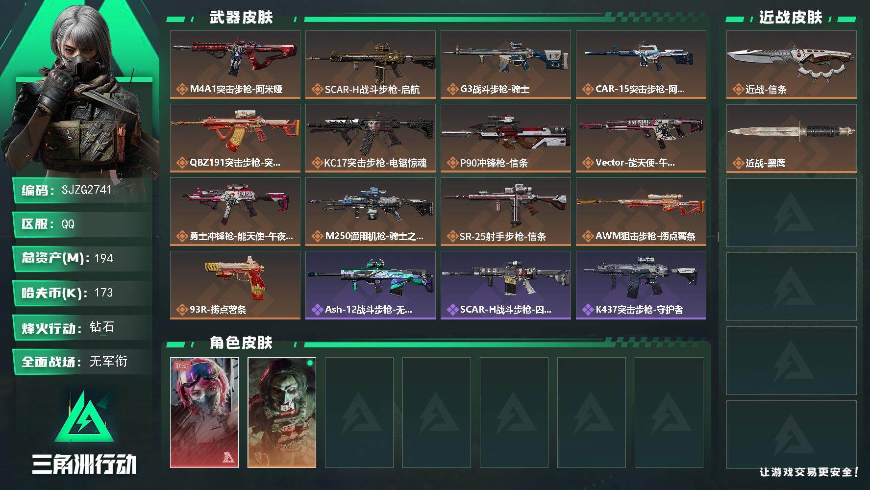 三角洲行动账号QQ【SJZG2741】总资产(M)：194M/哈夫币(K)：173K/哈夫币(K)：173K/全面战场