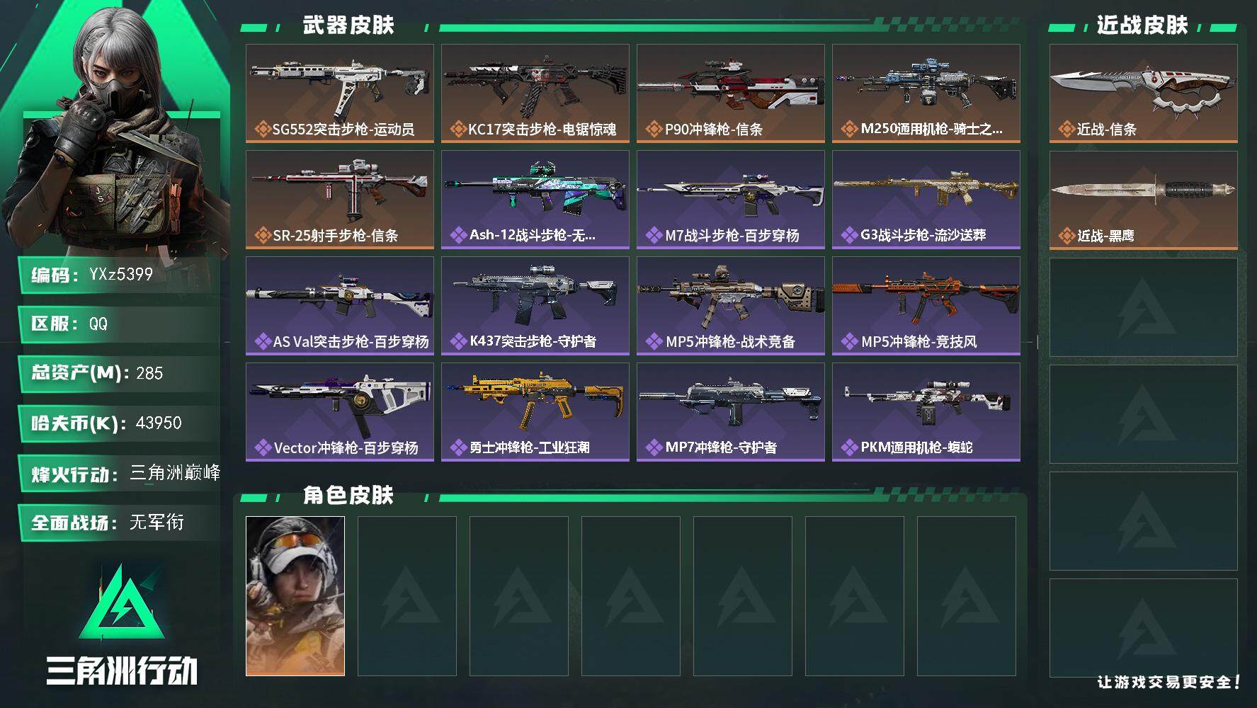 三角洲行动账号QQ【单刀·信条+露娜-金牌射手/高额资产号285M/S7赛季3*3满足烽火/全面战场所有需求.强烈推荐