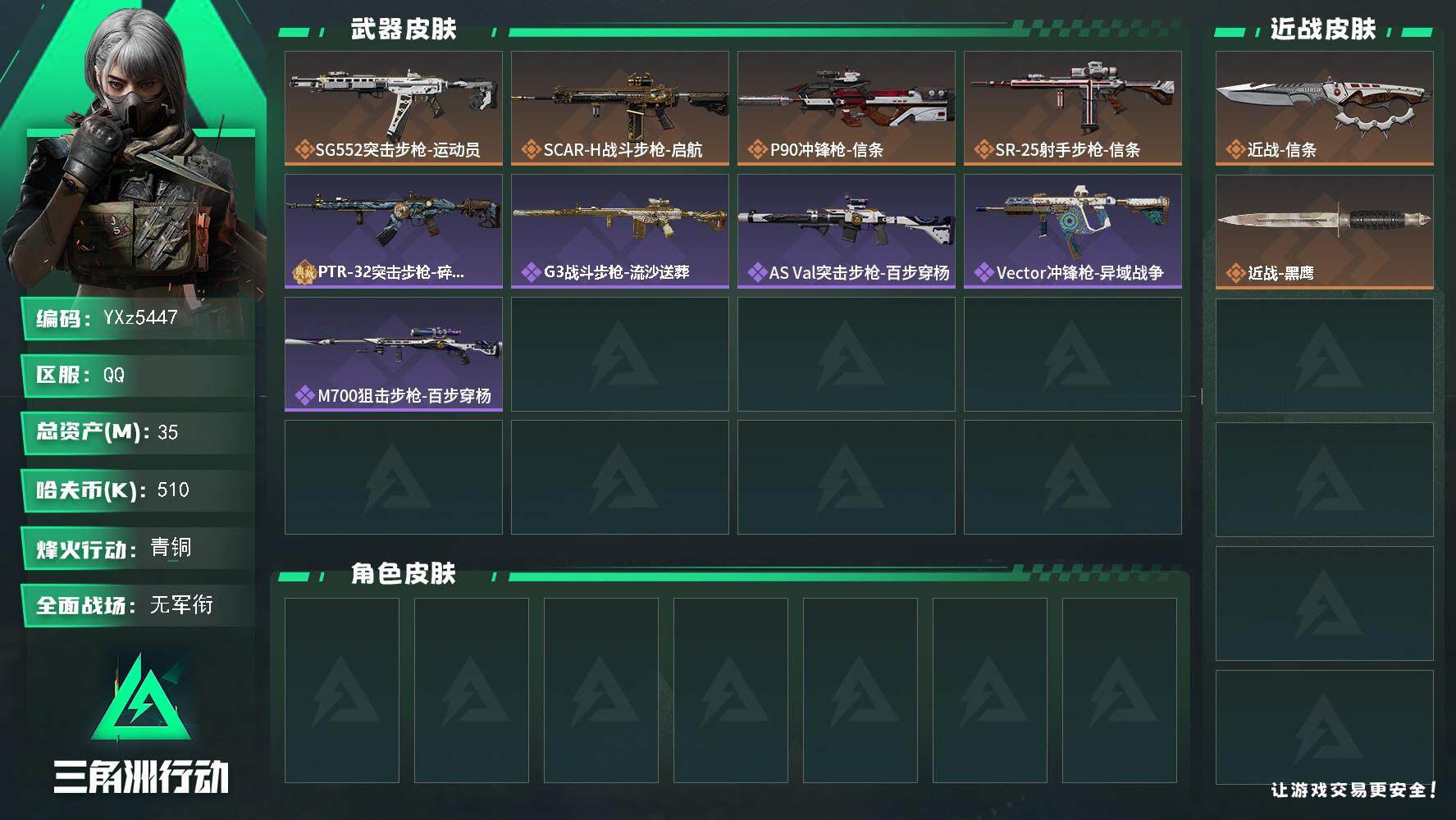 三角洲行动账号QQ【裸信条刀皮号，35M资产，新手入坑首选】
【Q区三端互通】【【无二次协助处理】】YXz5447-特