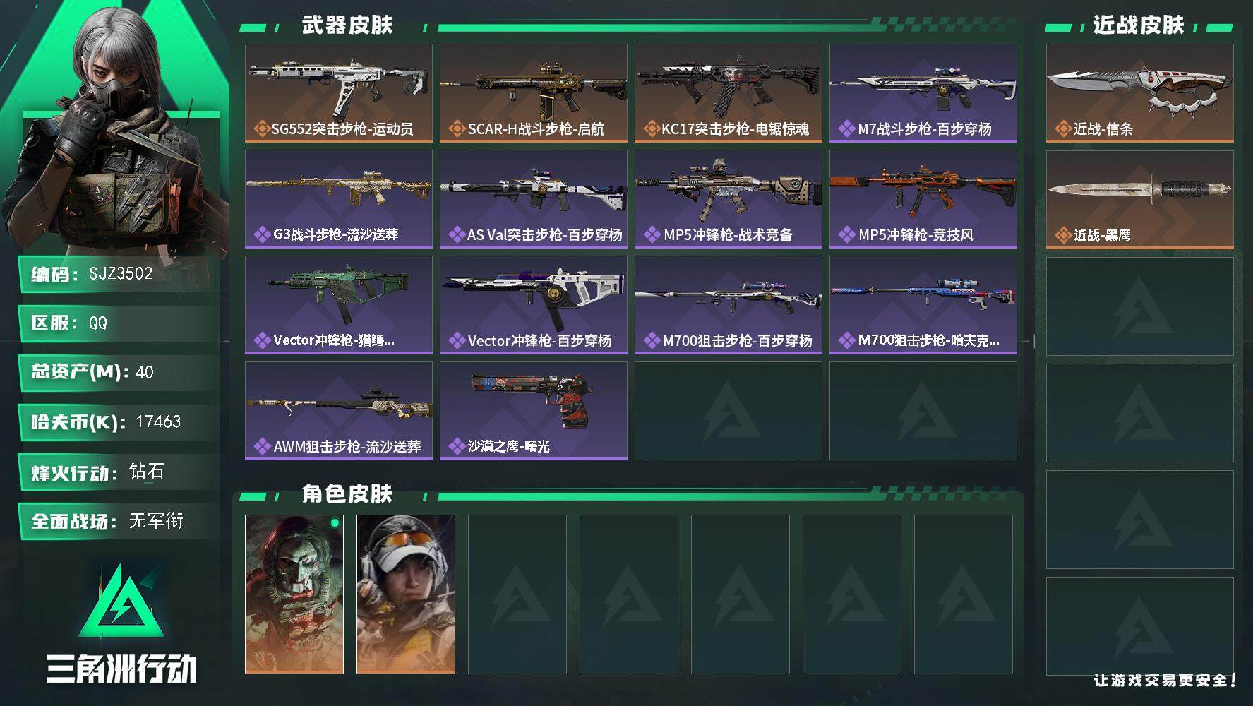 三角洲行动账号QQ【SJZ3502】总资产(M)：40M/哈夫币(K)：17463K/哈夫币(K)：17463K/全面战场等级：3_段位：无段位/烽火地带等级：60_段位：钻石/红狼-电锯惊魂/露娜-金牌射手/近战-