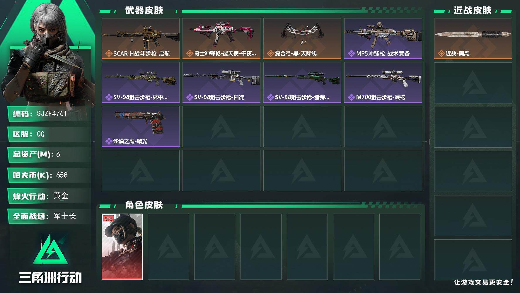 三角洲行动账号QQ【SJZF4761】总资产(M)：6M/哈夫币(K)：658K/哈夫币(K)：658K/全面战场等级：20_段位：军士长/烽火地带等级：60_段位：黄金/露娜-黑·天际线/近战-黑鹰/SCAR-H战