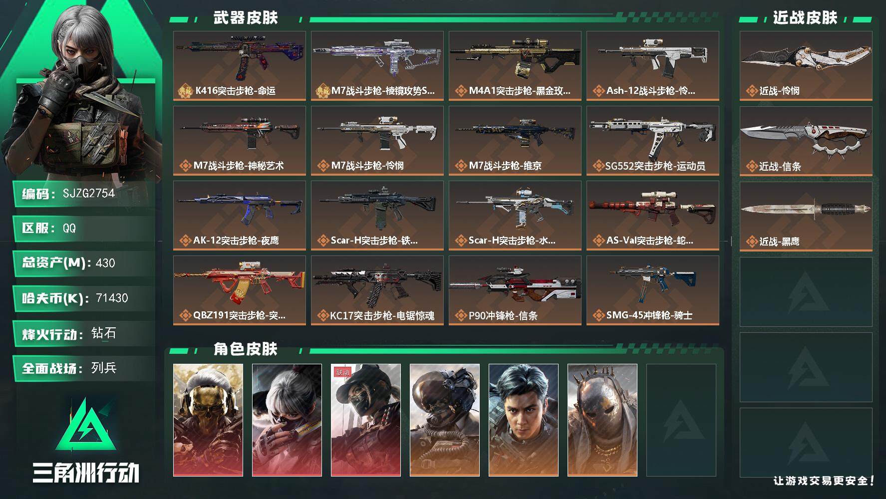 三角洲行动账号QQ【SJZG2754】总资产(M)：430M/哈夫币(K)：71430K/哈夫币(K)：71430K/