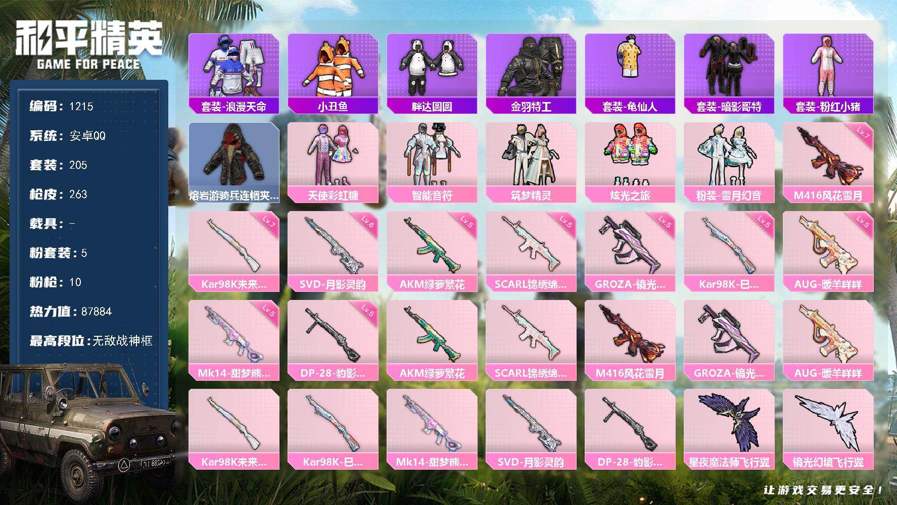 和平精英账号安卓QQ0载具-205套装-263枪皮-wj【素材号，战神框，20印记】安卓 手Q-无敌战神框-5粉装-10