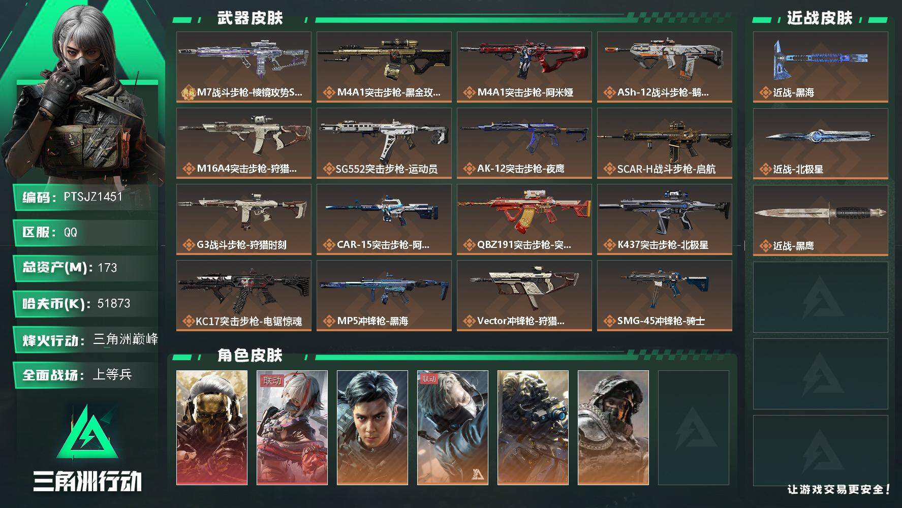 三角洲行动账号QQ【PTSJZ1451】【最新上架】总资产：173M  部门任务：23322
173m总资产-5187