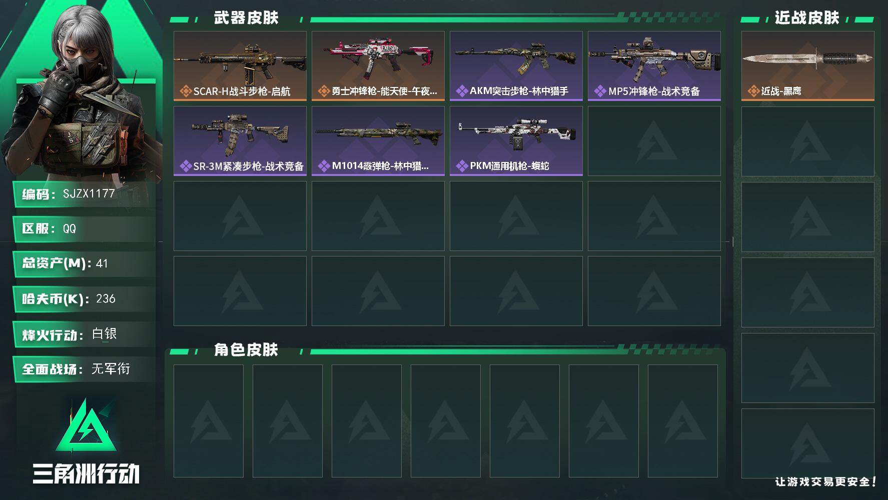 三角洲行动账号QQ【SJZX1177】总资产(M)：41M/哈夫币(K)：236K/哈夫币(K)：236K/全面战场等级：5_段位：无段位/烽火地带等级：46_段位：白银/近战-黑鹰/SCAR-H战斗步枪-启航/勇士