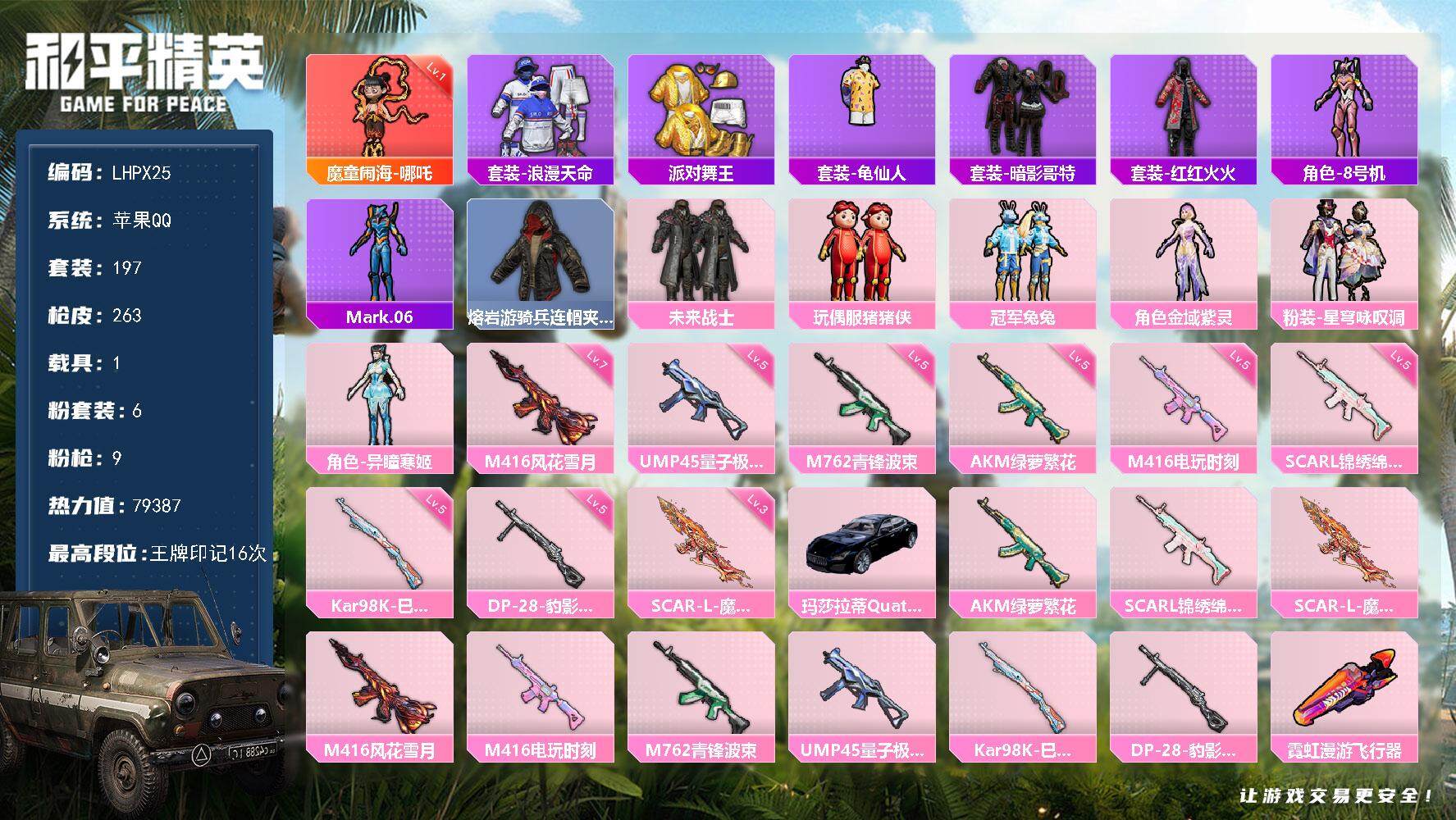 和平精英账号苹果QQ【特价出售/店主推荐最性价比】苹果 手Q-1神装-6粉装-9特效枪-1载具-5粉色飞行器-79387热力值-16王牌印记-197套装-263枪皮
【红色神装等级】：魔童闹海-哪吒(一级)
【红色角色