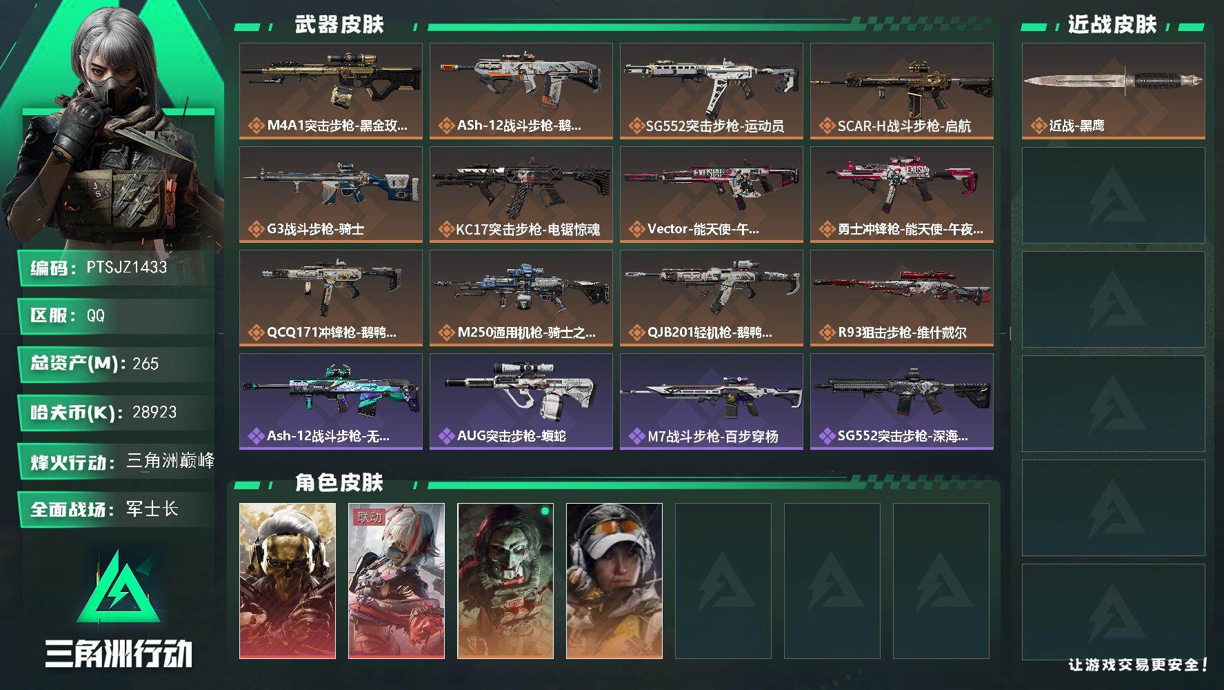 三角洲行动账号QQ【PTSJZ1433】【最新上架】265m总资产-28923k哈伏币-60烽火等级-三角洲巅峰-29